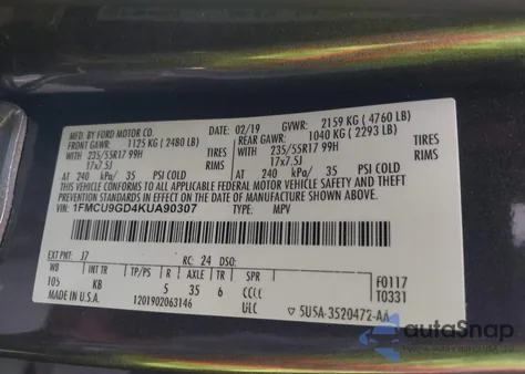 2019 Ford Escape Se из США, поврежденный, VIN 1FMCU9GD4KUA90307